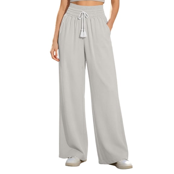 JSROAC Wide Leg Pants for Womens Smocked High Waist Dressy Casual Trousers Tie Front Solid Color Gauze Lounge Pants With Pockets Fall Fashion