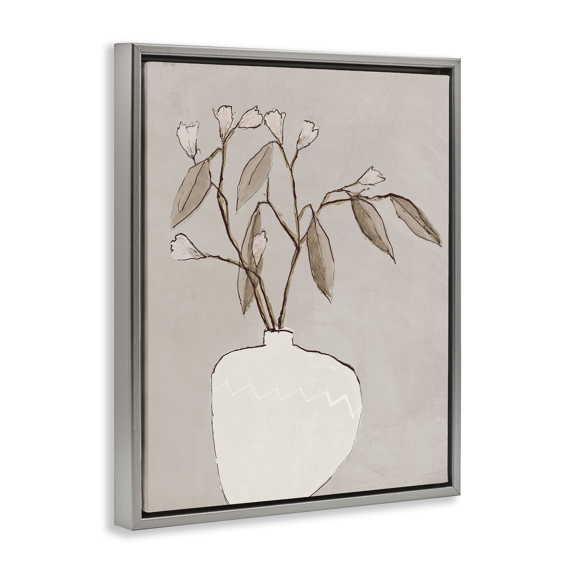 Stupell Industries Neutral Tan Greenery Plants & Flowers Painting Gray Floater Framed Canvas Art Print Wall Art, 17 x 21
