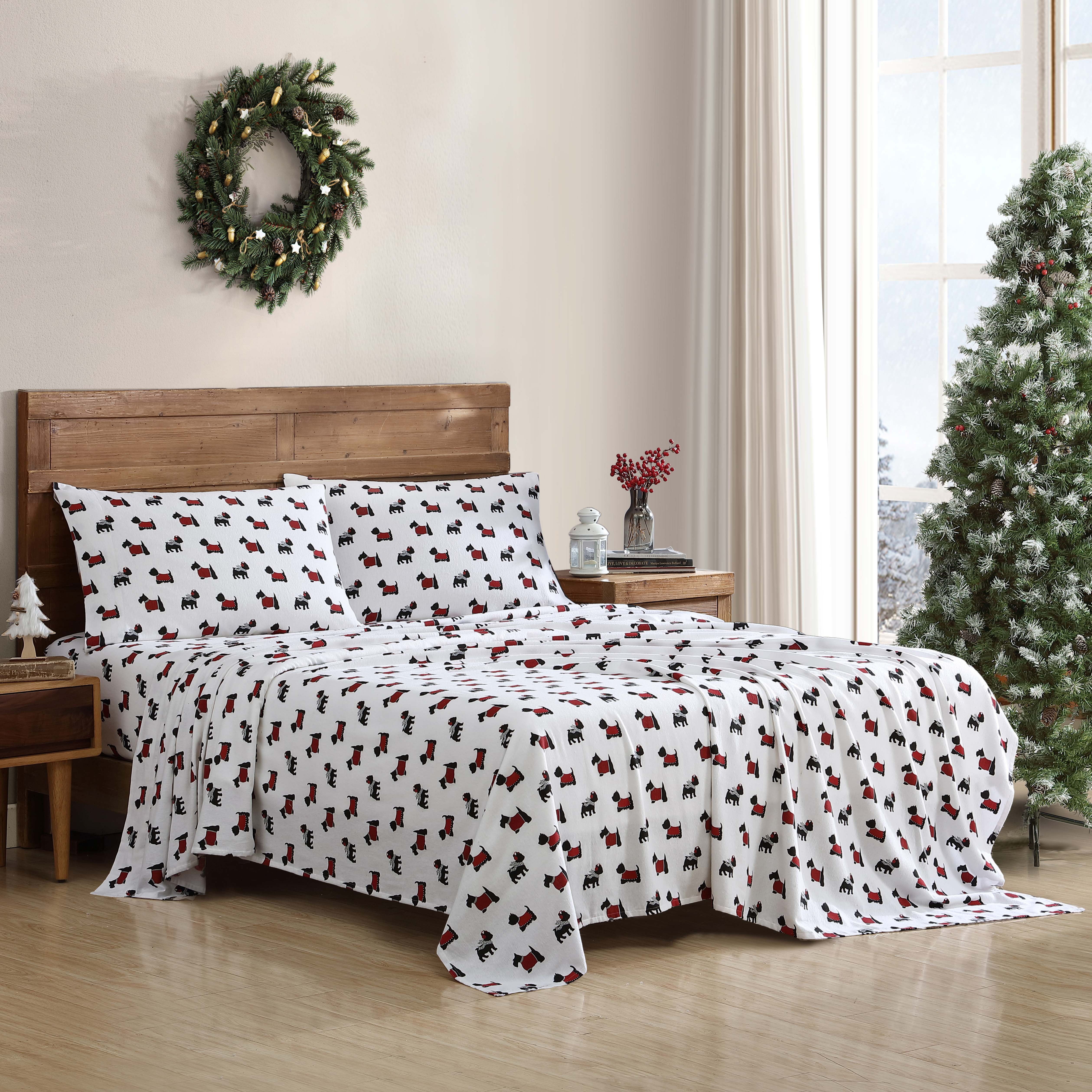 Winter Nights Cotton Flannel Sheet Set, Queen, Warm Doggies