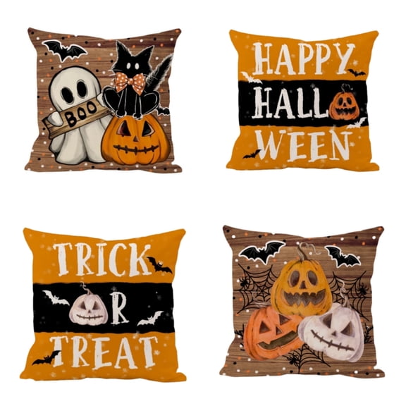 Halloween Black&Orange Pumpkins Decorative Pillow Cases 18 x 18 Set Of 4 Cute Ghost Fall Cushion Case for Chair Sofa Bedroom Living Room Home Decor