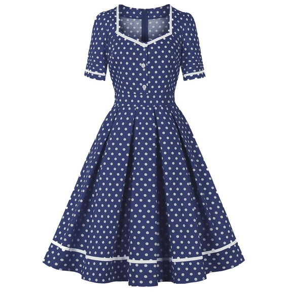 LNWUY Women's Vintage Style Dot Round Neck Swing Printed Splicing Receiving Waist Dress Summer Short Sleeve V-Neck Dress Navy XXL