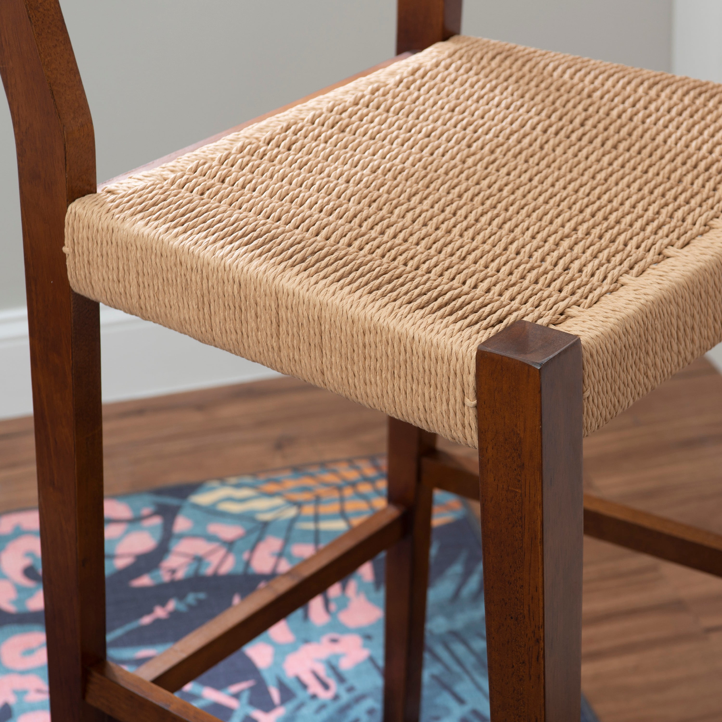 Powell Crawford 29" Indoor Wood Bar Stool with Handwoven Rope Seat, Set of 2, Brown/Natural