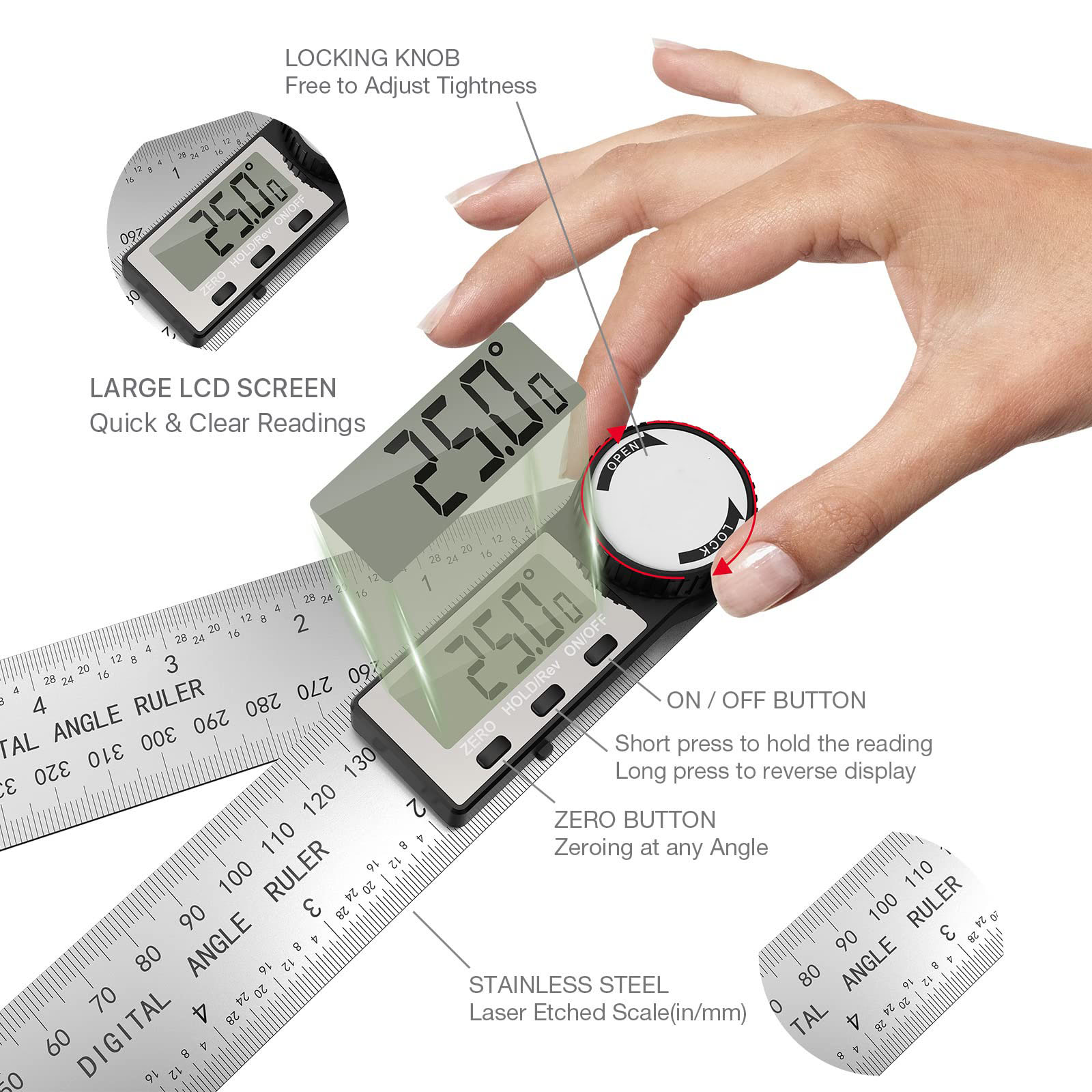 Digital Angle Finder Protractor, 2 In 1 Digital Protractor, Digital Protractor Stainless Steel Angle Measuring Tool with LCD Display, Button Measurement, Low Power Consumption with Automatic Shutdown