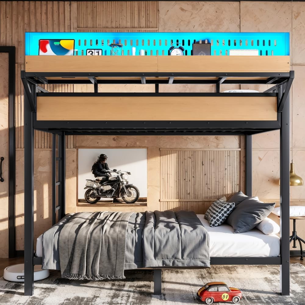 Full over Full Metal Bunk Bed with USB Ports & LED Lights, Storage Shelves, Natural