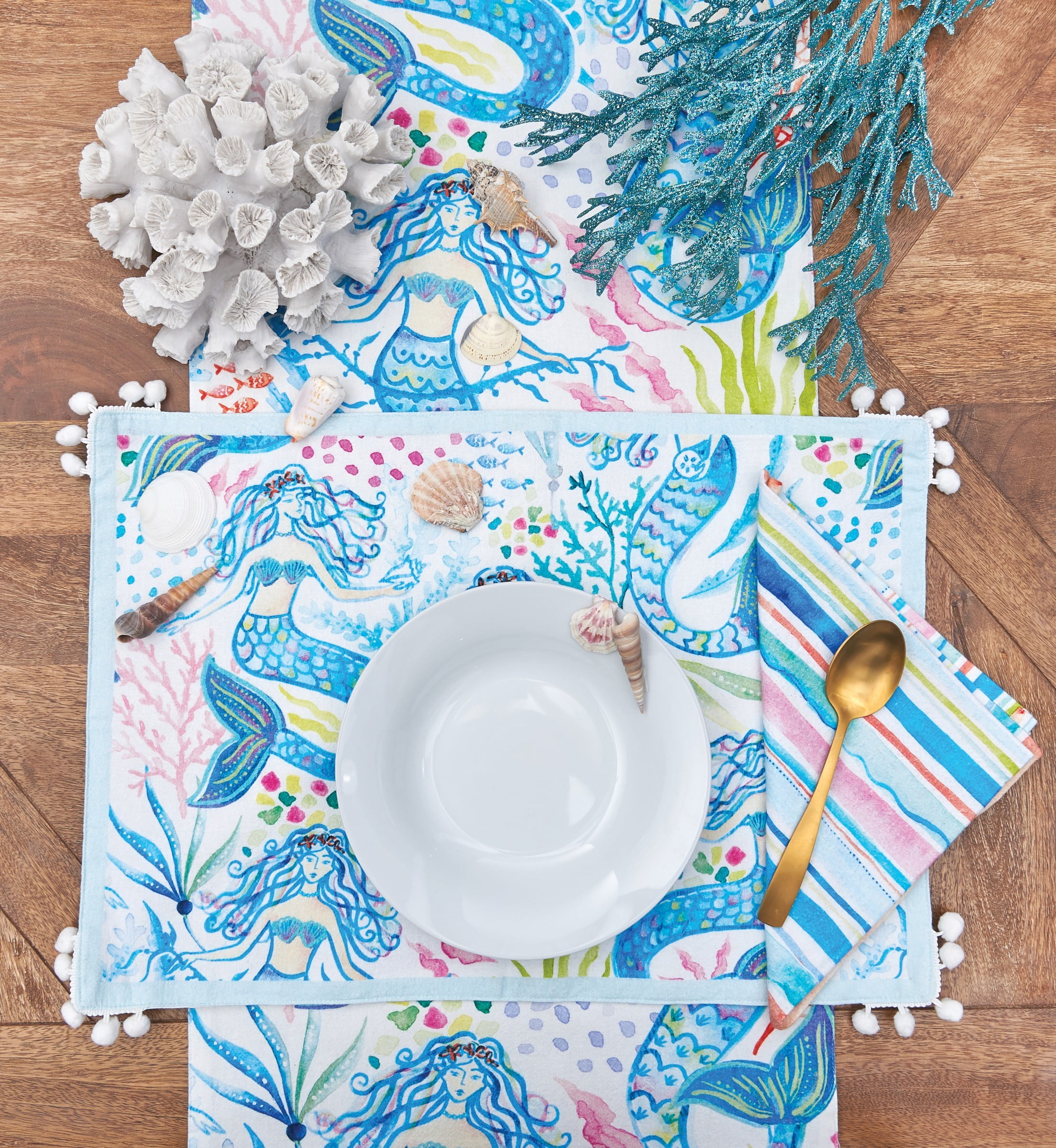 Mermaid Garden Hardboard Placemats Set of 6 Blue Quilted Placemats, 13" x 16"