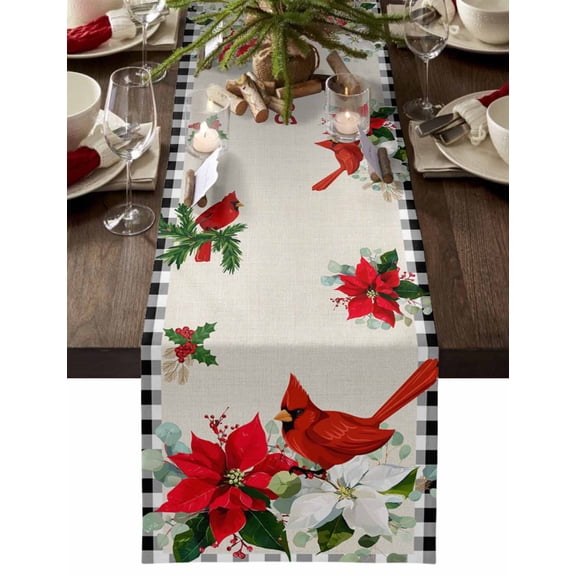 ERUNPONLY Christmas Table Runner - 48 Inch Long Xmas Poinsettia Botanical Black Plaid Cotton and Linen Blended Dress Scarves Farmhouse Table Runner for Kitchen Dining, Coffee Table, 13" x 48"