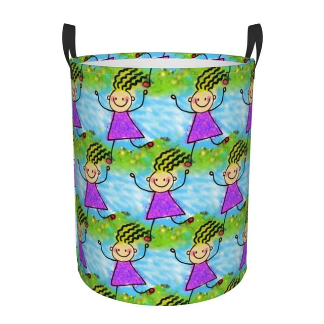 DouZhe Waterproof Collapsible Large Laundry Baskets, Whimsical Doodle Smile Girl Prints Circular Hamper with Handles