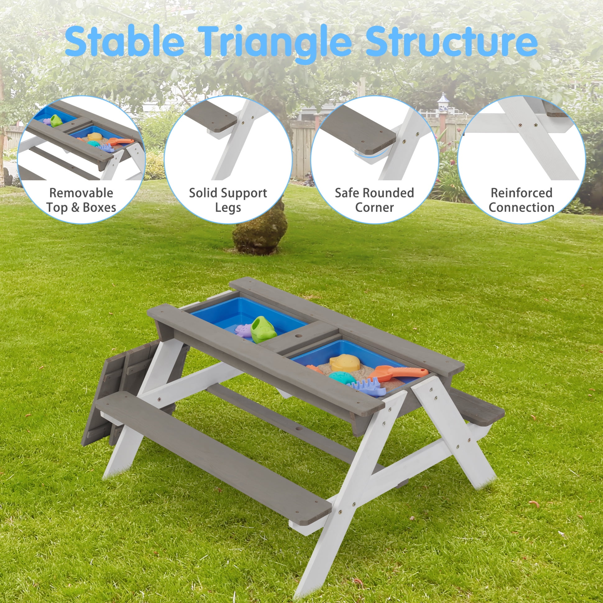 3-in-1 Kids Picnic Table with Adjustable Shade Umbrella, Convertible Sand/Water Play, Durable Cedarwood, Ages 3-10, Gray