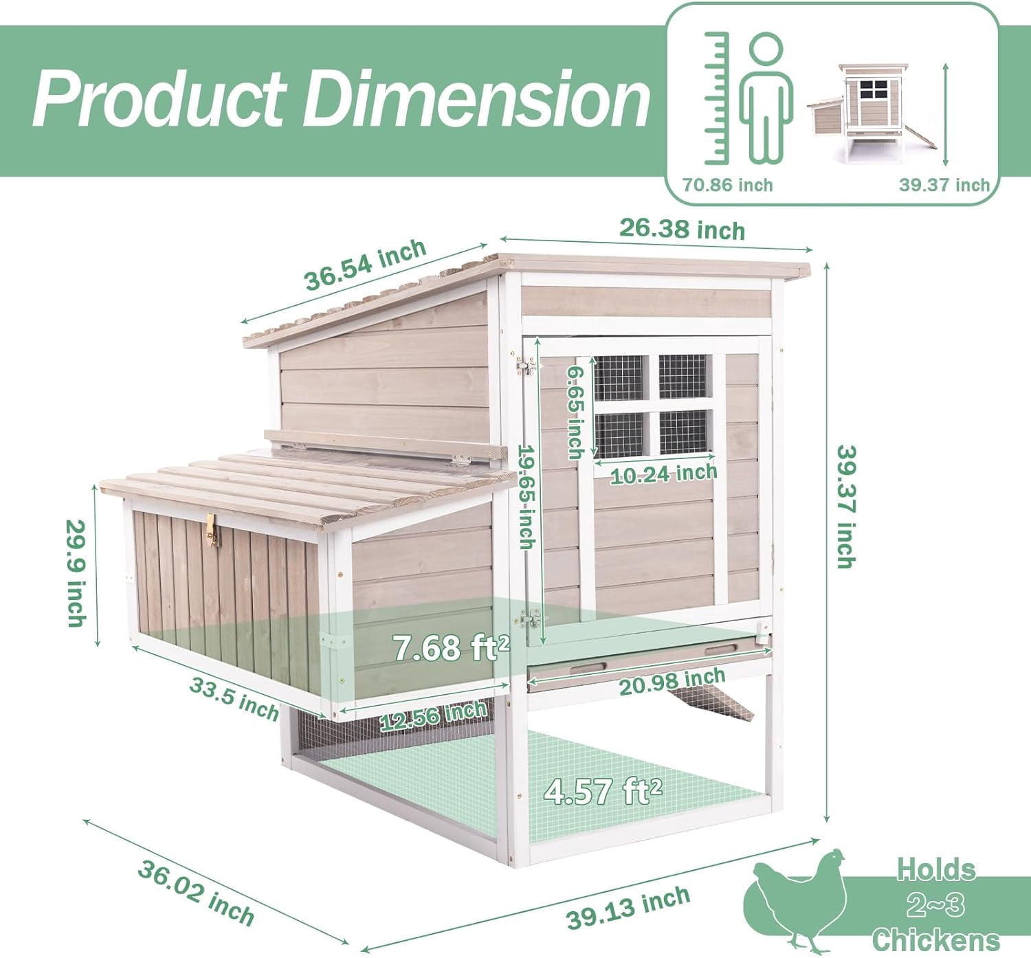 PETSCOSSET Wooden Chicken Coop, Elevated Hen House with 3-Compartment Nesting Box