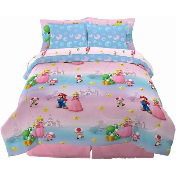 Franco Super Mario Princess Peach Reversible Comforter and Sheet Set, 7 Piece Queen