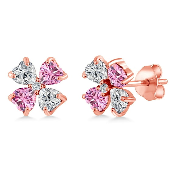 Gem Stone King 18K Rose Gold Plated Silver Lab Grown Diamond and Pink Moissanite Stud Earrings for Women | 1.95 Cttw | Gemstone April Birthstone | Heart Shape 4MM