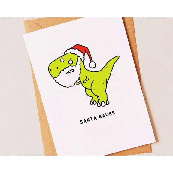 Santa Saurs Holiday Card – Cute Dinosaur in Santa Hat – Blank Inside for Personalized Messages – Perfect Christmas Greeting Card for Kids and Dinosaur Lovers