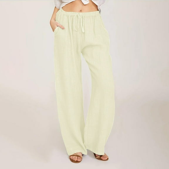 Itsame Womens Loose Long Pants Solid Color Relaxed Cotton High Waisted Wide Leg Sweatpants Beige Size M