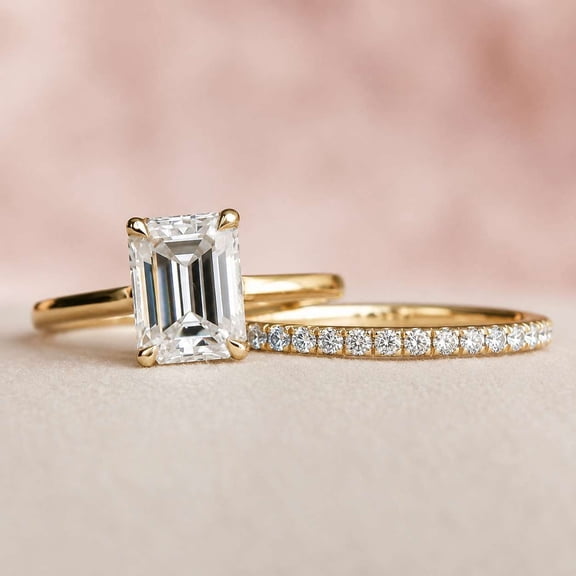 vylahjewellery Emerald Moissanite Ring, Hidden Halo Engagement Ring for Women, Wedding Bridal Set Ring, Pave Half Eternity Band