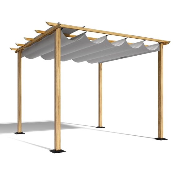 10 ft. x 10 ft. Wood Grain Aluminum Outdoor Pergola with Gray Retractable Shade Canopy
