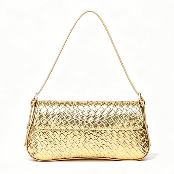 REMANLAND Women's Satin Crocodile Embossed Evening Baguette Handbag, Gold