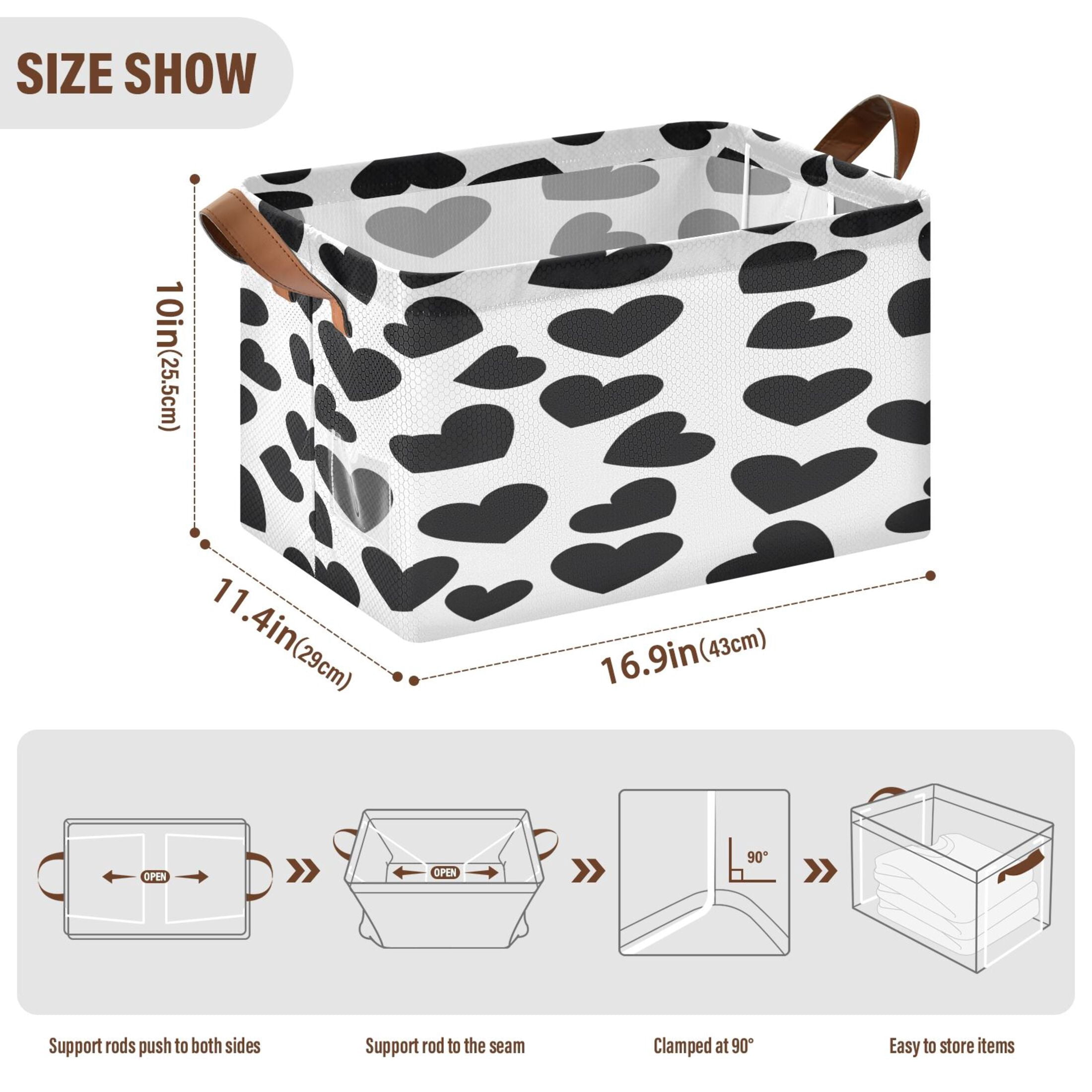 Ryvnso Black Heart Pattern Storage Bins Large Basket Foldable Cube Toys Organizer with Handles 2 PCs