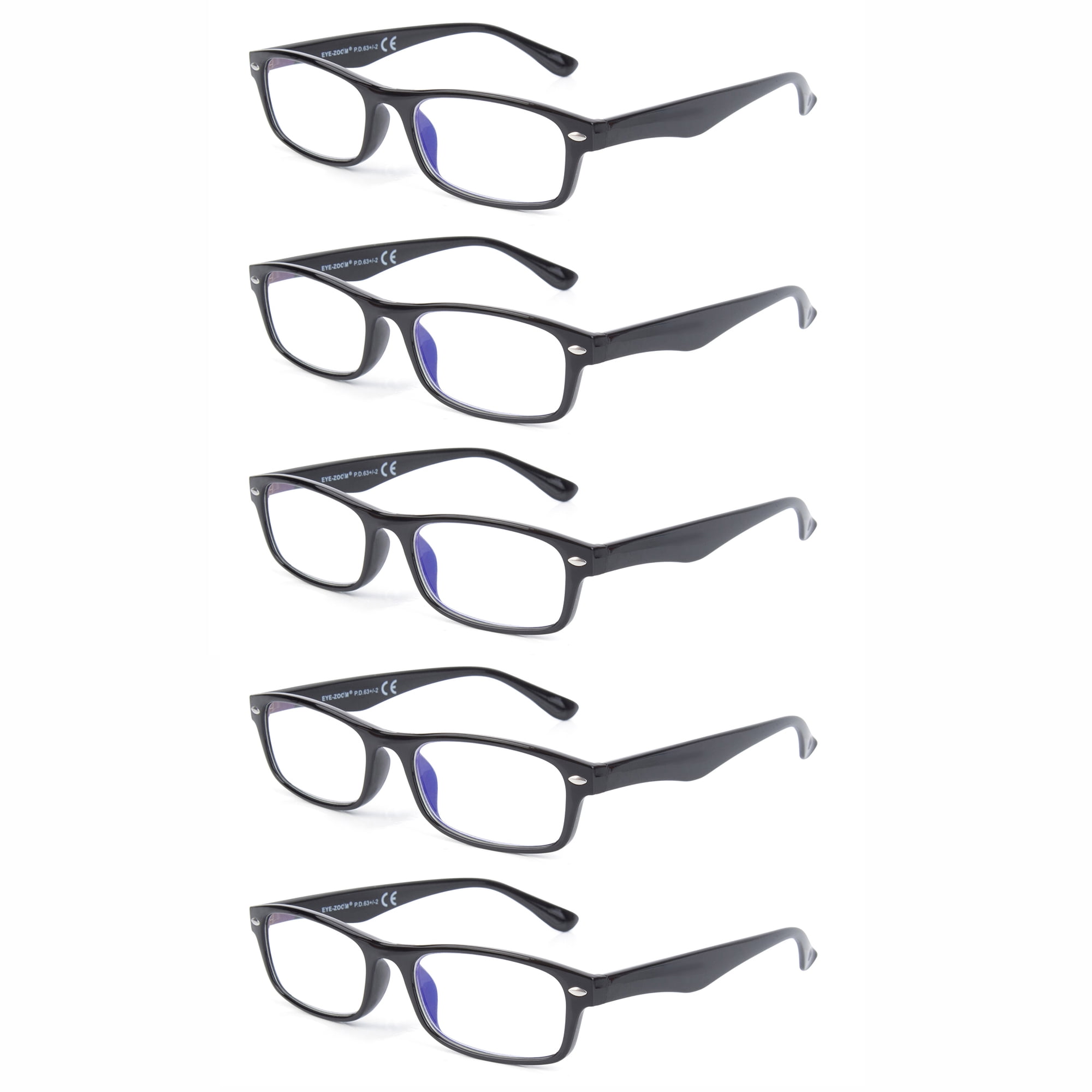 EYEZOOM 5 Pack Blue Light Blocking and Anti UV Classic Plastic Reading Glasses, Black, +2.00