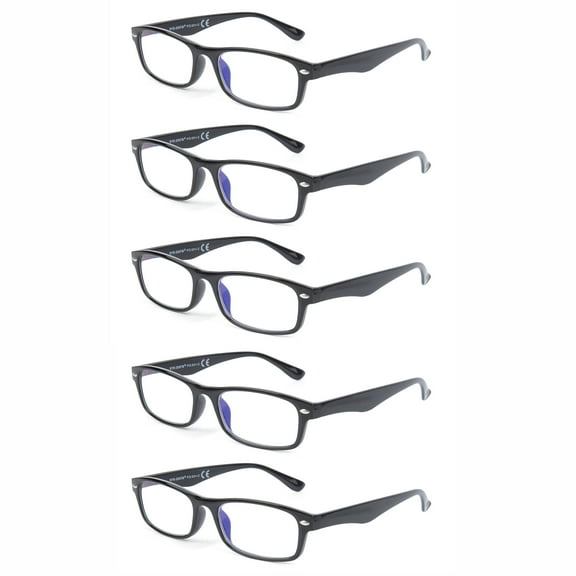 EYEZOOM 5 Pack Blue Light Blocking and Anti UV Classic Plastic Reading Glasses, Black, 2.00