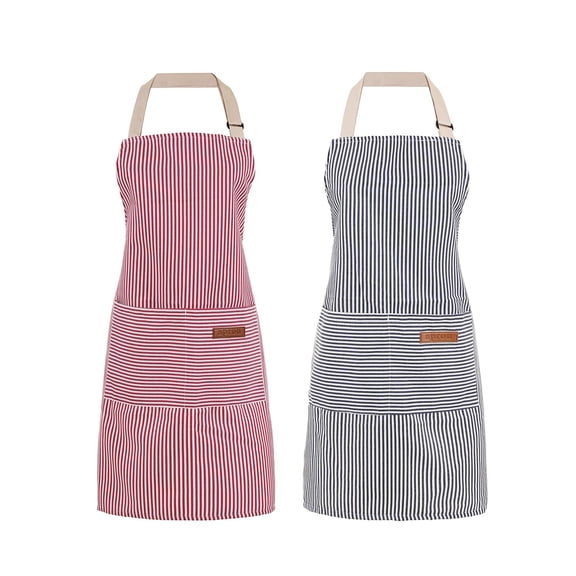 2 Pack Cooking Aprons Adjustable Bib Apron For Women With 2 Pockets, Kitchen Restaurant Men Chefs Aprons (Black/Wine Stripes)