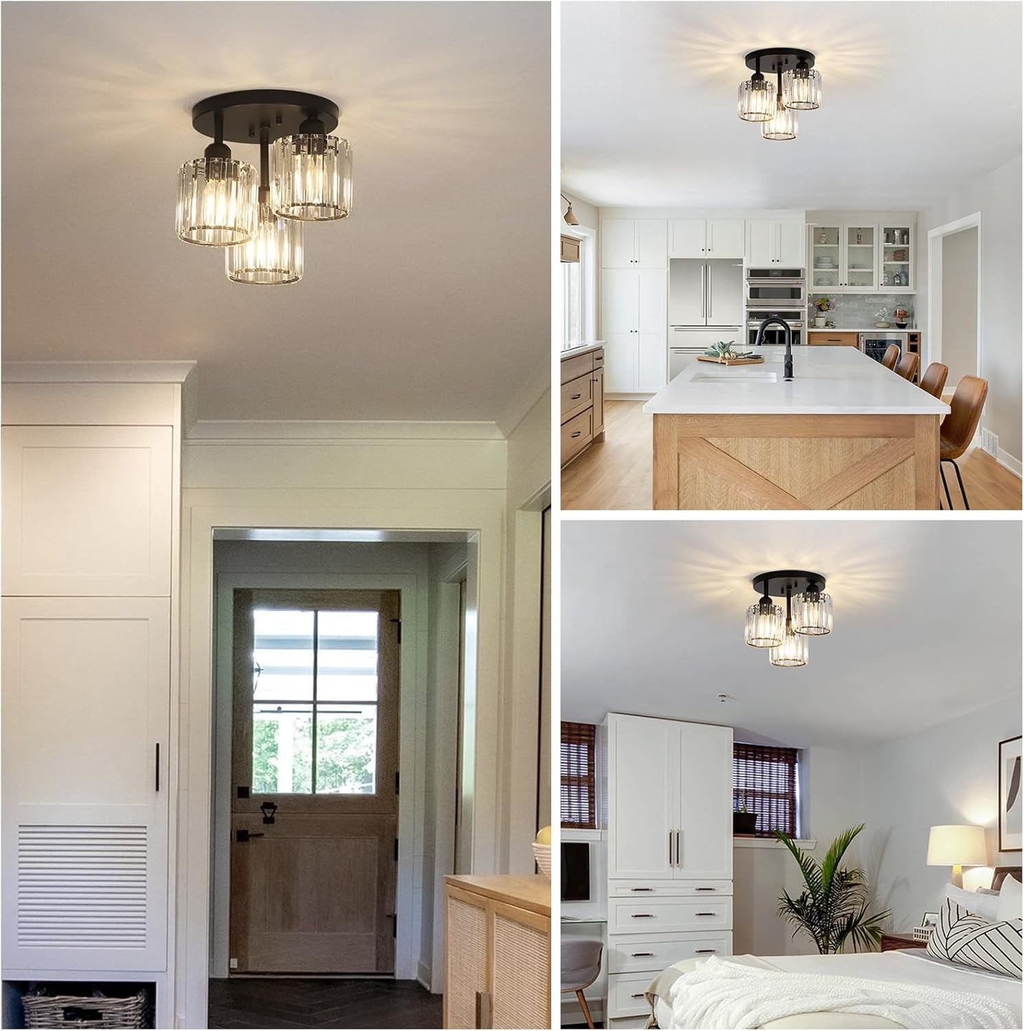 Semi Flush Mount Ceiling Light,3-Light Modern Close to Ceiling Light Fixtures,Kitchen Light with Clear Crystal Shades, Hallway Light Fixtures for Kitchen Entryway Bedroom Bathroom Foyer