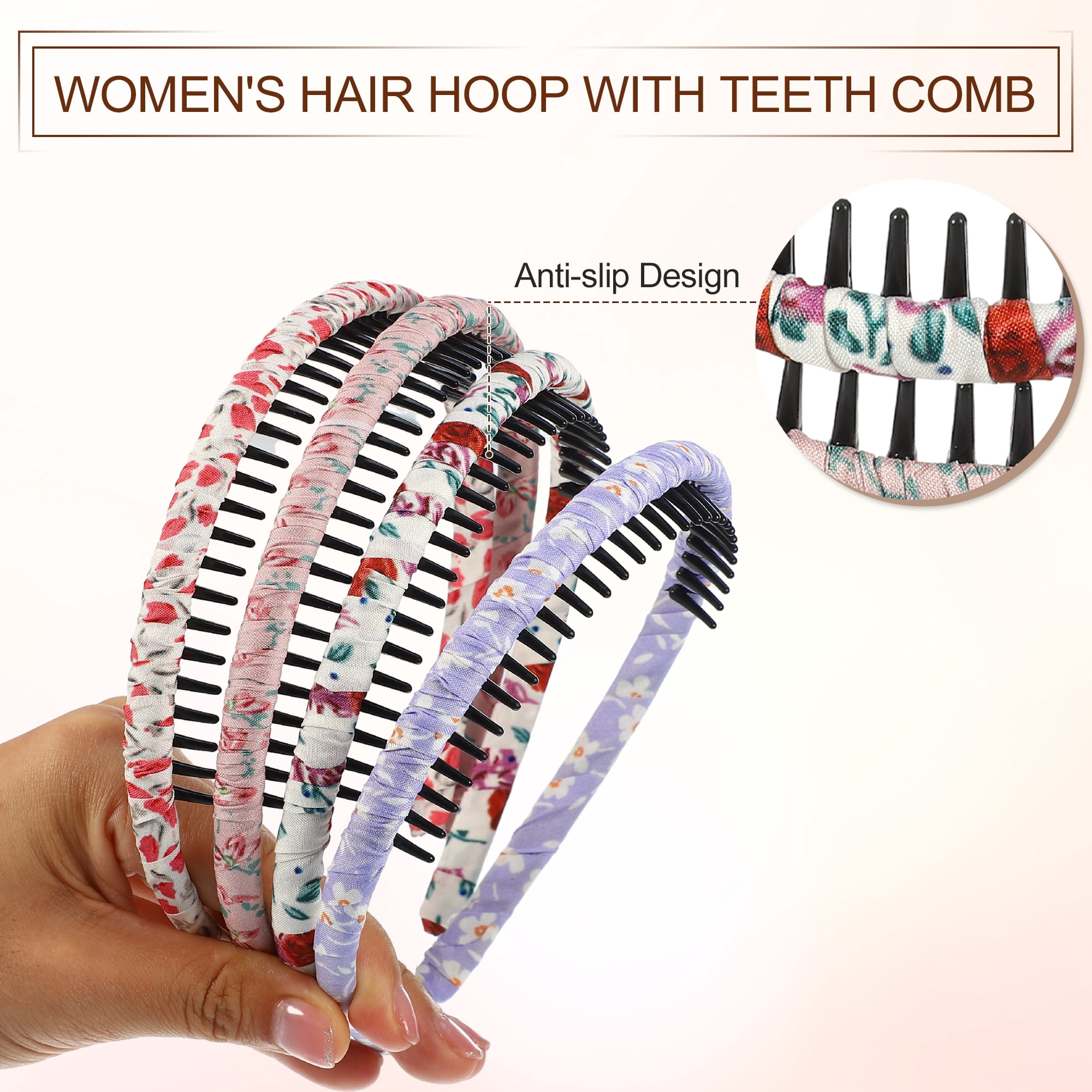 Unique Bargains 4pcs Elastic Teeth Comb Floral Pattern Headbands Tooth Comb for Women