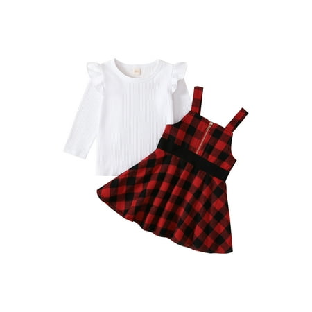 

xkwyshop Toddler Infant Baby Girls Christmas Outfits Buffalo Plaid Suspender Skirt Xmas Clothes Set White 3-4 Years