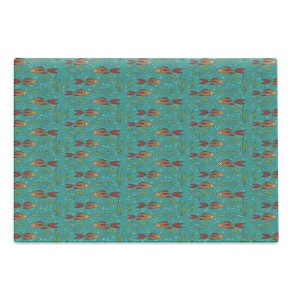 Goldfish Cutting Board, Hand-drawn Fishes Swimming in the Pond Underwater Plants and Bubbles Cartoon Print, Decorative Tempered Glass Cutting and Serving Board, in 3 Sizes, by Ambesonne
