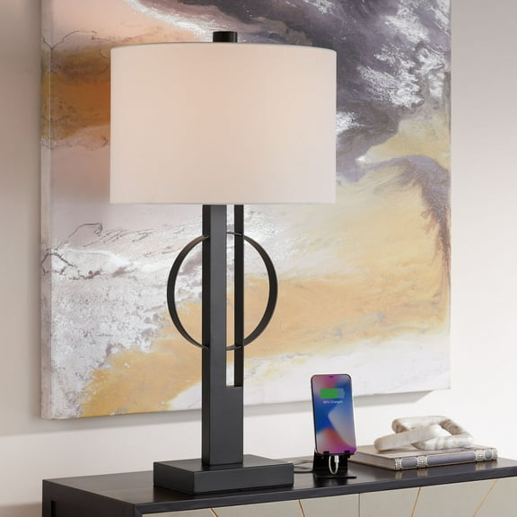 Possini Euro Design Galaxy 32" Tall Geometric Base Large Modern End Table Lamp Dual USB Ports Black Metal Living Room Charging