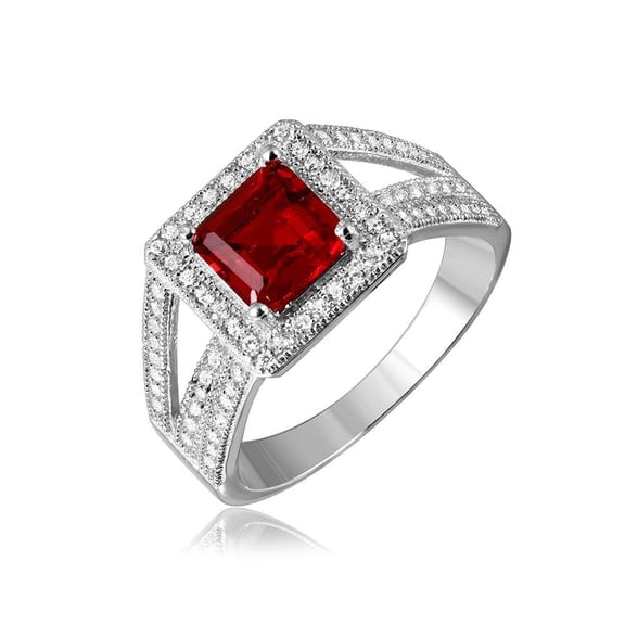 Rhodium Plated Sterling Silver 925 Red Square Halo Micro Pave Ring CZ Jewelry Female Size 8