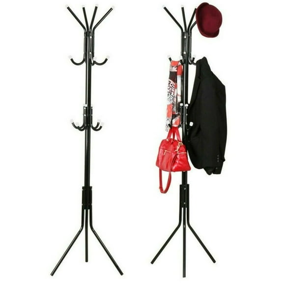 12 Hooks Coat Stand Hat Jacket Rack Umbrella Floor Standing Clothes Hanger Home