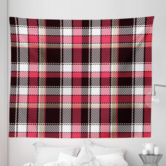 Checkered Tapestry, Pattern with Squares Mosaic Diagonal Vertical Stripes Graphic Print, Fabric Wall Hanging Decor for Bedroom Living Room Dorm, 5 Sizes, Dark Coral White Brown, by Ambesonne