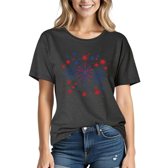 Xdegoge Patriotic Fireworks Graphic T Shirt for Women 4th of July Independence Day Short Sleeve Crewneck Summer Casual Star Tops Usa Holiday Party Loose Fit Shirts Tees