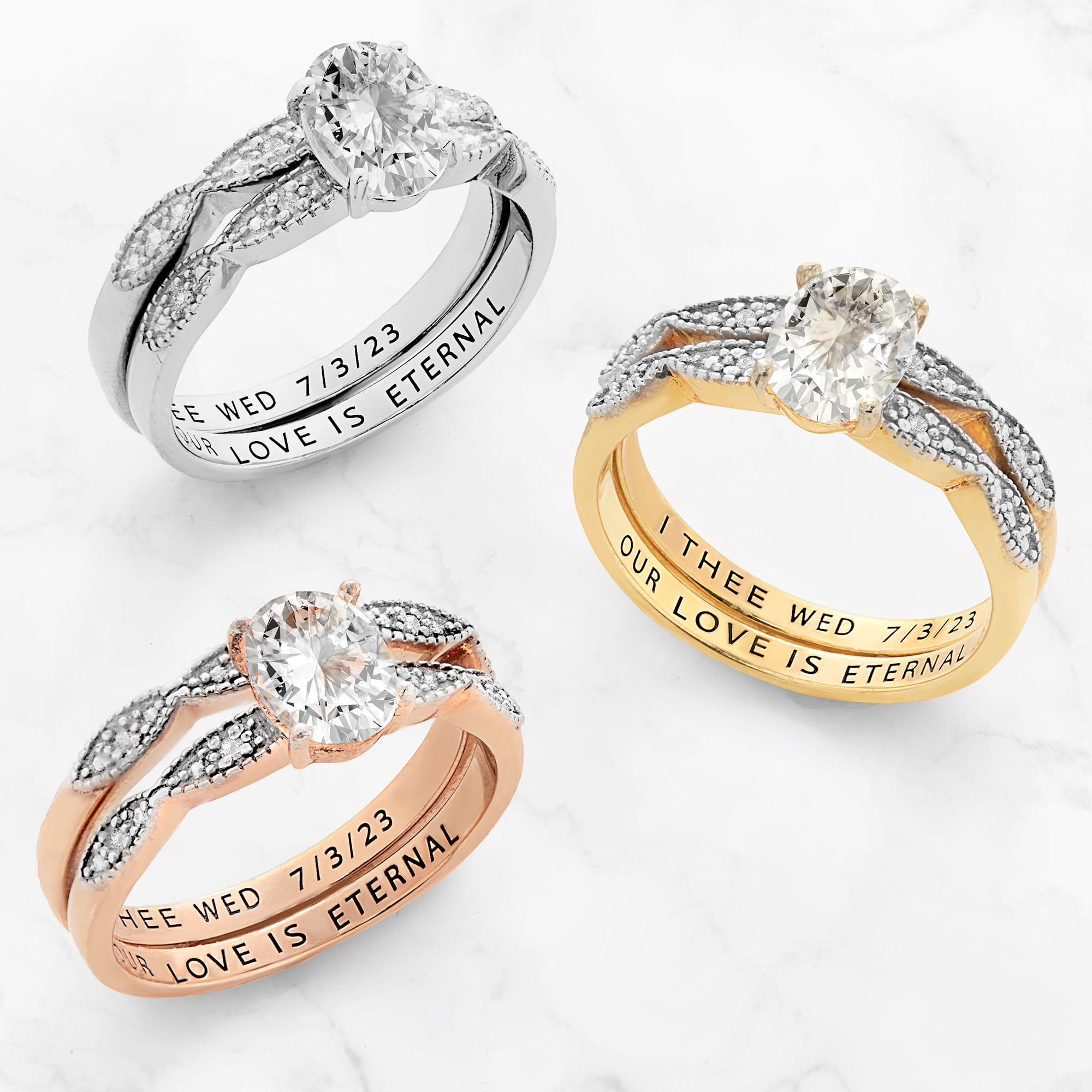 Vow & Forever Personalized Planet Bridal 14K Rose Gold over Sterling Silver Oval White Topaz Diamond Accent 2-Piece Engraved Wedding Ring Set ,Women's