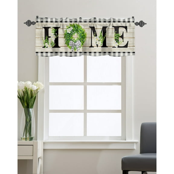 Kitchen Cafe Valance Curtain for Small Windows,Spring White Flowers Leaf and Wreath Rod Pocket Valances Farm Rustic Wood and Checker Window Treatment Panel for Living Room/Bedroom/Bathroom,54x18in