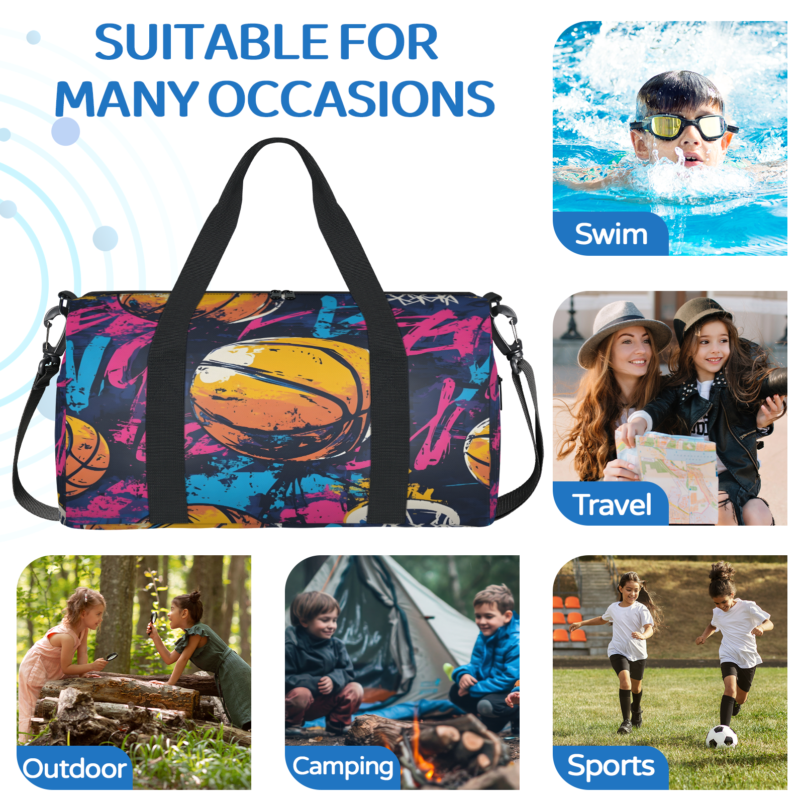 Herdesigns Basketball Sports Gym Bag for Women, Duffle Bag for Travel Sport, Lightweight Waterproof Carry on Weekender Dance Yoga Workout Bags