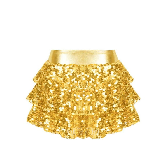 DPOIS Girls Sequined 3-Layers Ruffle Tiered Mini Skirt for Dance Gold 16