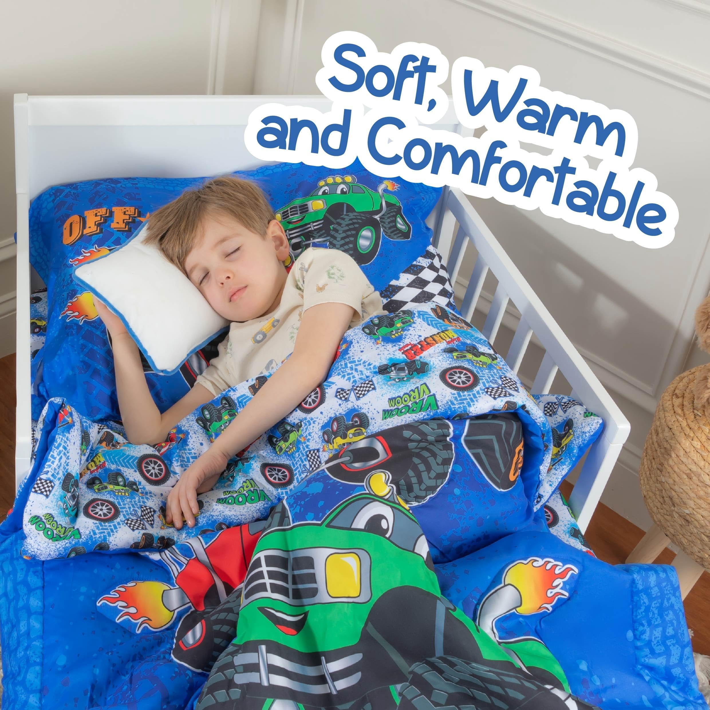 Todays Kids Monster Trucks Toddler Bedding Set for Boys - 4-Piece Toddler Bed Comforter Sets for Boys, Reversible Comforter & Pillowcase, Flat Sheet, Fitted Sheet, Breathable & Super Soft Microfiber