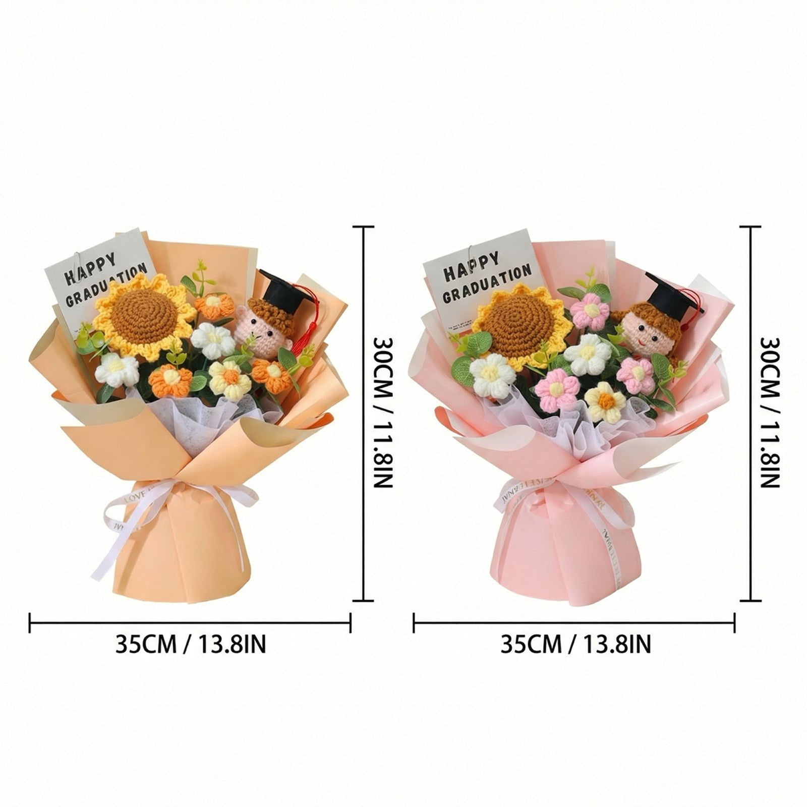 Knitted Sunflower Puff Bouquet for Graduation Season - Handmade Woolen Flower Arrangement with Graduation Card & Doctor Hat Decor, Pink - Ideal Gift for Classmates, Friends, Adults on Graduation, Com