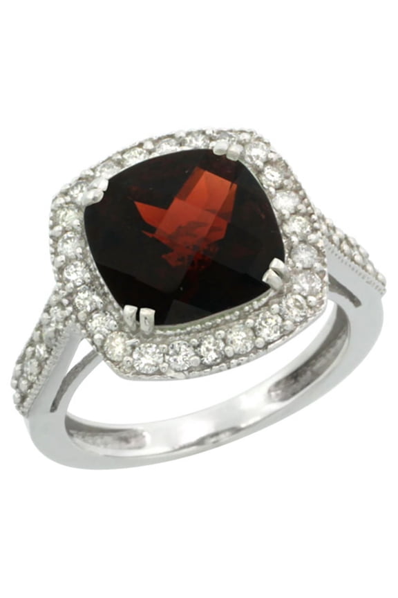 10k White Gold Natural Garnet Ring Cushion-cut 9x9mm Diamond Halo, size 6
