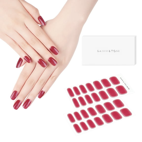 DANNI & TONI Semi Cured Gel Nail Strips Deep Red (Sheer Cherry) Solid Color Gel Nail Wraps 28 Stickers