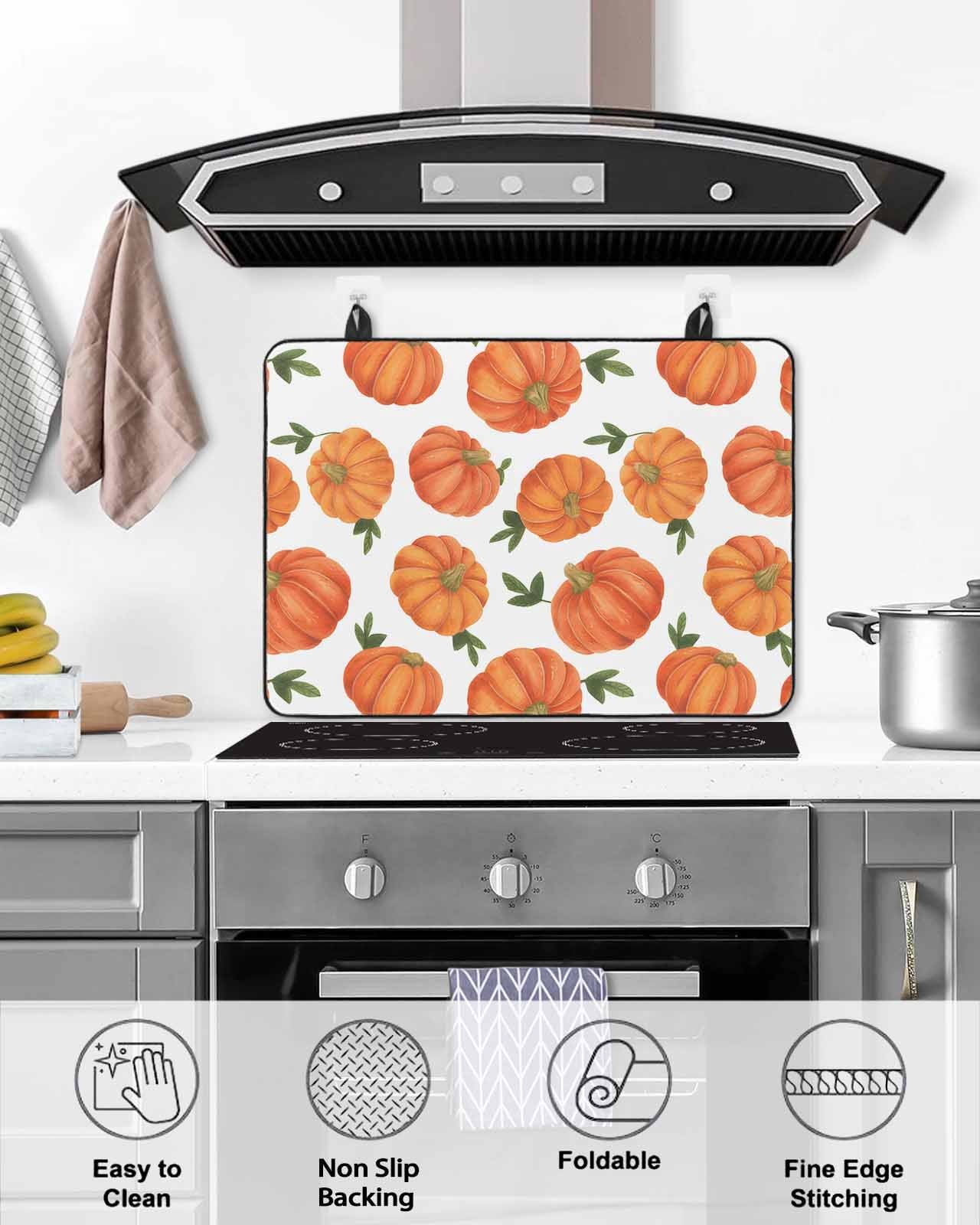 Large Induction Cooktop Protector Mat Thanksgiving Stove Top Covers for Electric Stove, Fall Orange Pumpkin Green Maple Leaves Decorative Stove Burner Cover Mats, Glass Top Stove Cover