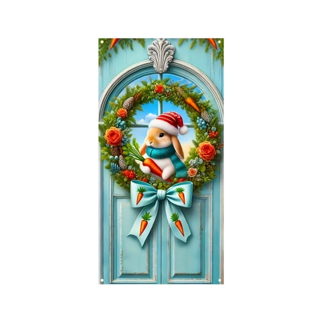 D Spring Festival Door Curtain Hanging Decor With Bunny And Egg Pattern Polyester Fabric For Holiday Party Background 70.87 Inches High