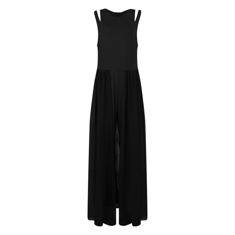 Round neck high waist chiffon overlay black jumpsuit sales