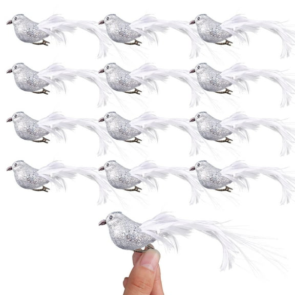 24 Pcs Artificial Christmas Glitter Birds Simulation Birds Feather Mini Bird Decorative Fake Birds for Christmas Tree Craft Home Ornaments Garden Wedding Decoration (Silver)