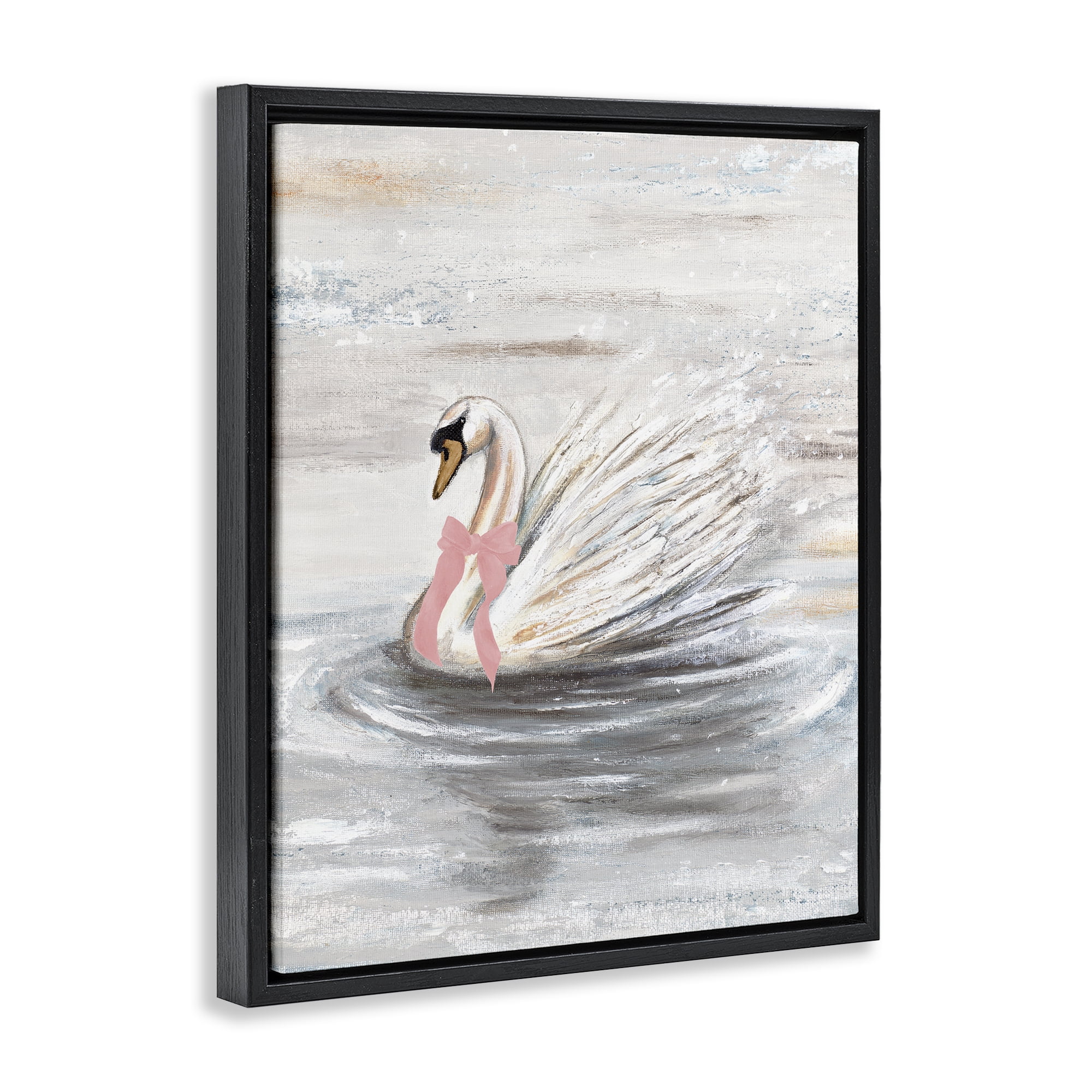 Stupell Industries Swan With Pink Bow & Ripples Black Framed Floater Canvas Wall Art, design by Patricia Pinto