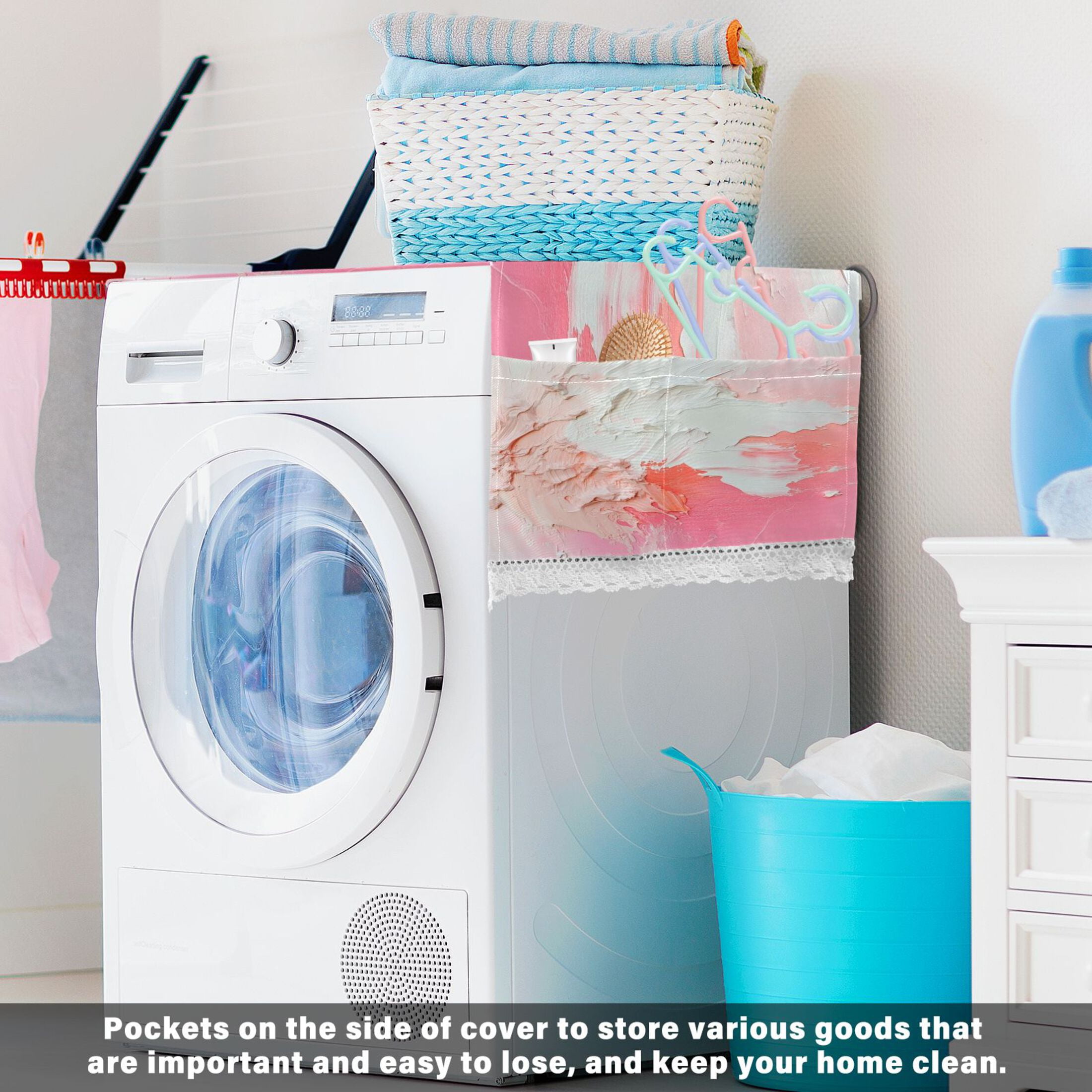 Pinkish-white ImpactWasher and Dryer Covers Dust-Proof and Oil Resistant Fridge Cover with 4 Storage Pockets Washing Machine Top Cover for Laundry Kitchen Home 51.2 x 22 In