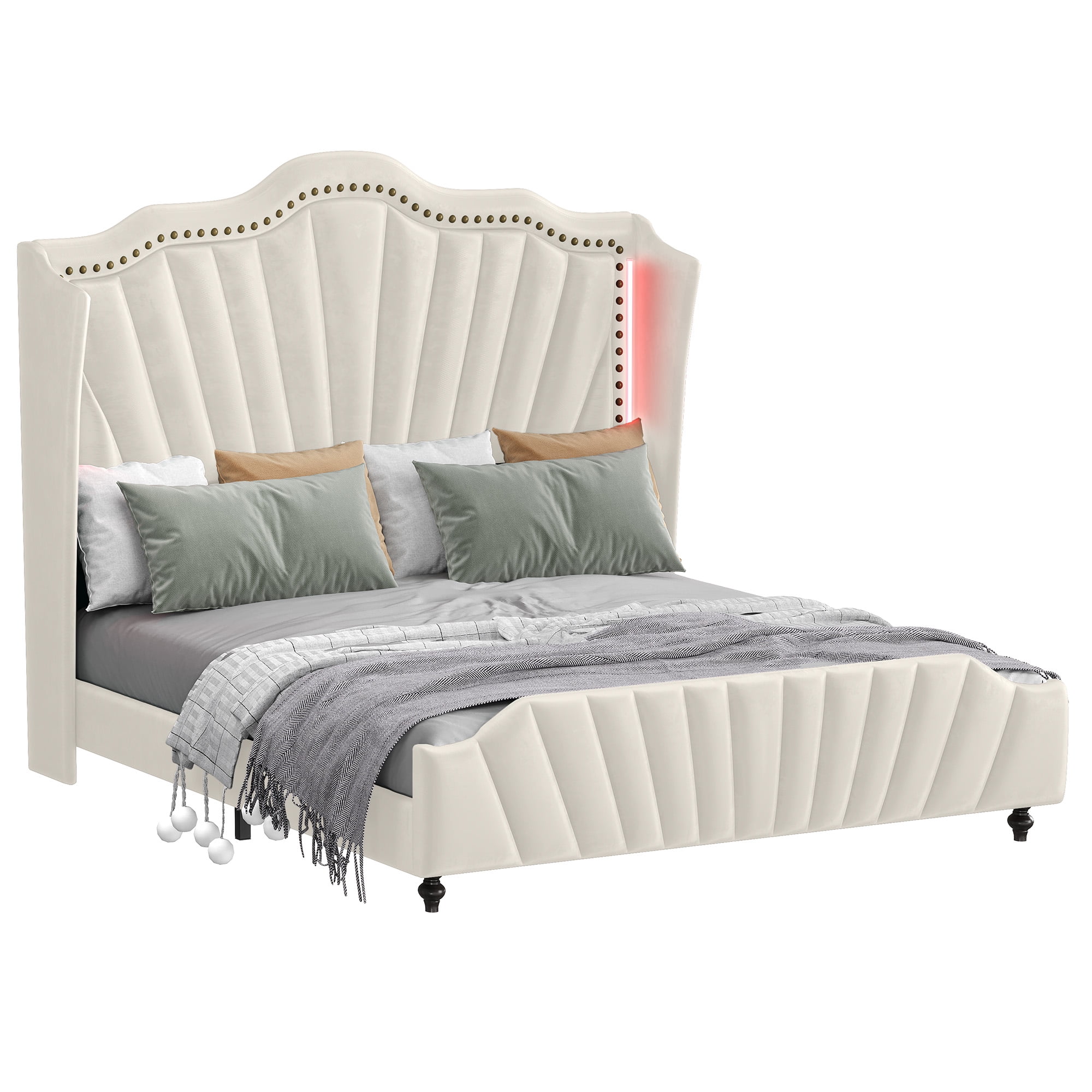 Uforic King Upholstered Platform Bed with Tall Wingback Headboard, Velvet Bed Frame with LED Light, Solid Wood Leg, Beige