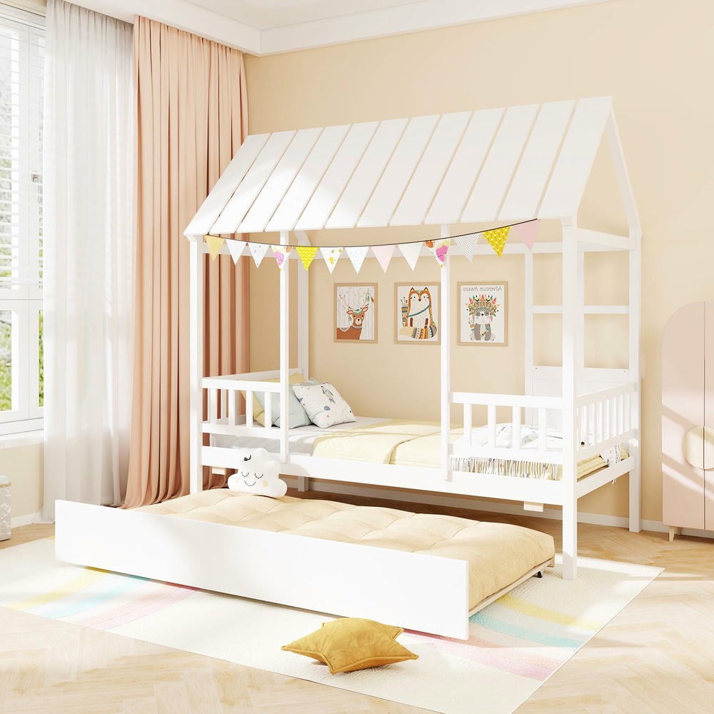 Barara King Twin Size Bedroom Trundle Bed Frame with Roof Window, Bed Platform Frame for Bedroom, Apartment, White