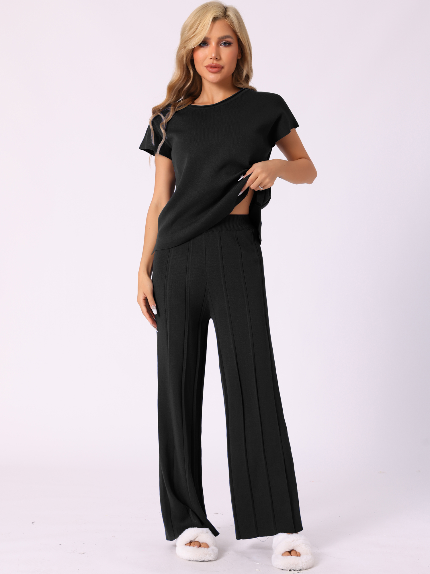 DARING DIVA Women's 2-Piece Short Sleeve Tops Wide Leg Pants Sets XS Black